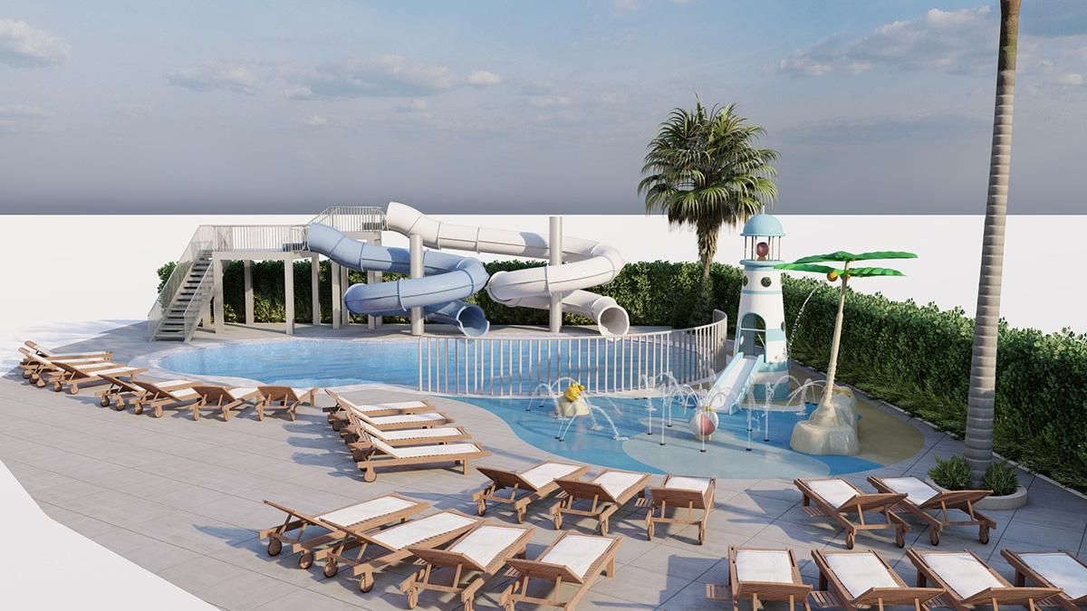 Área de la piscina de toboganes del nuevo RH Principal en Gandía