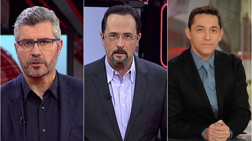 Los presentadores de Cuatro, Miguel Ángel Oliver,  José Luis Fuentecilla y Javier Ruiz