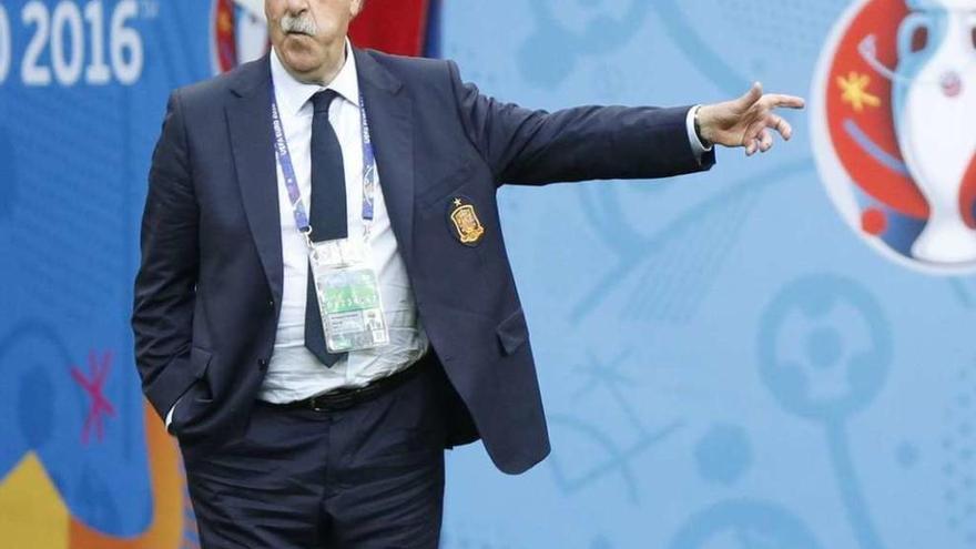 Vicente del Bosque hace un gesto a sus jugadores durante el partido ante Italia. // Efe