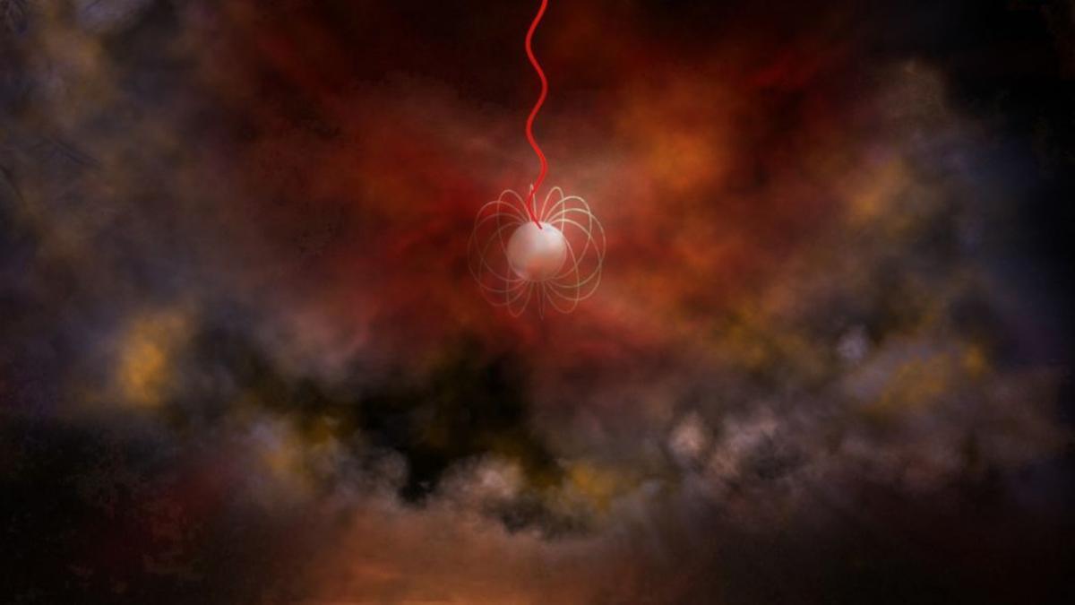 Recreación artística de una estrella de neutrones con un campo magnético ultrafuerte, llamada magnetar, que emite ondas de radio (rojo). Los magnetares son uno de los candidatos principales para descubrir la fuente de las ráfagas de radio rápidas.