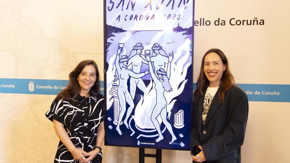 La alcaldesa Inés Rey y la ilustradora Le Petit Patito con el cartel de este año