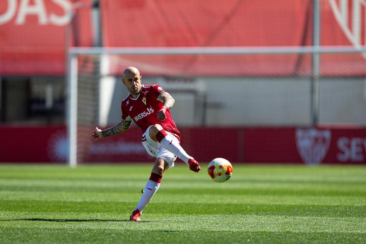 Jon García, en el partido Sevilla Atlético-Real Murcia