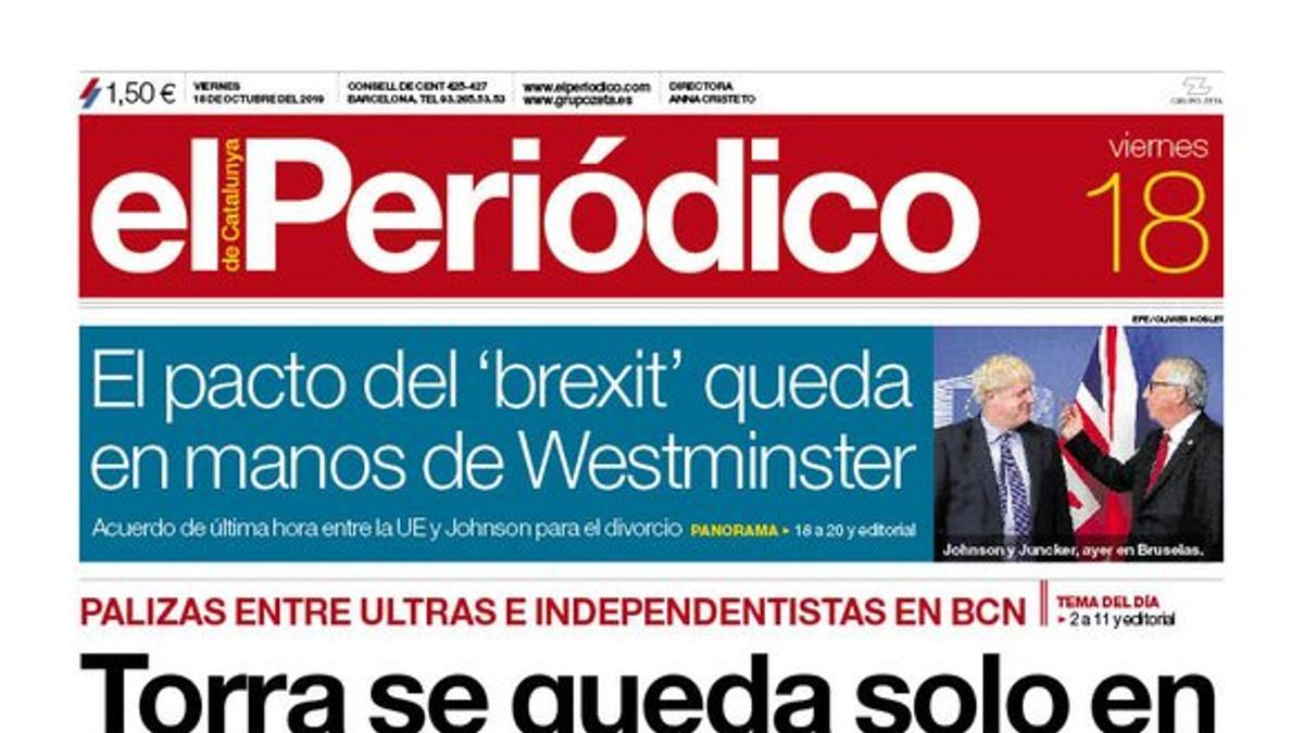 La portada de EL PERIÓDICO del 18 de octubre del 2019