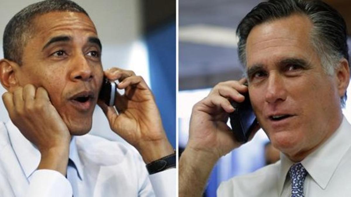 Fotomontaje con Obama y Romney hablando por teléfono con un voluntario y un supervisor de sus respectivas campañas, este martes.