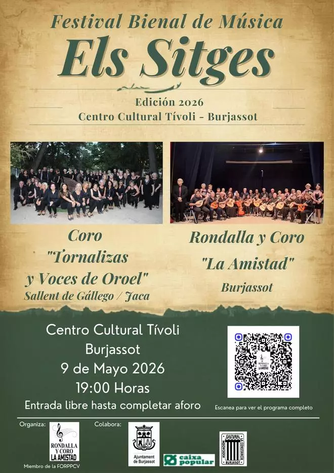 El Festival Els Sitges 2026 trae música coral y de rondalla a Burjassot el 9 de mayo