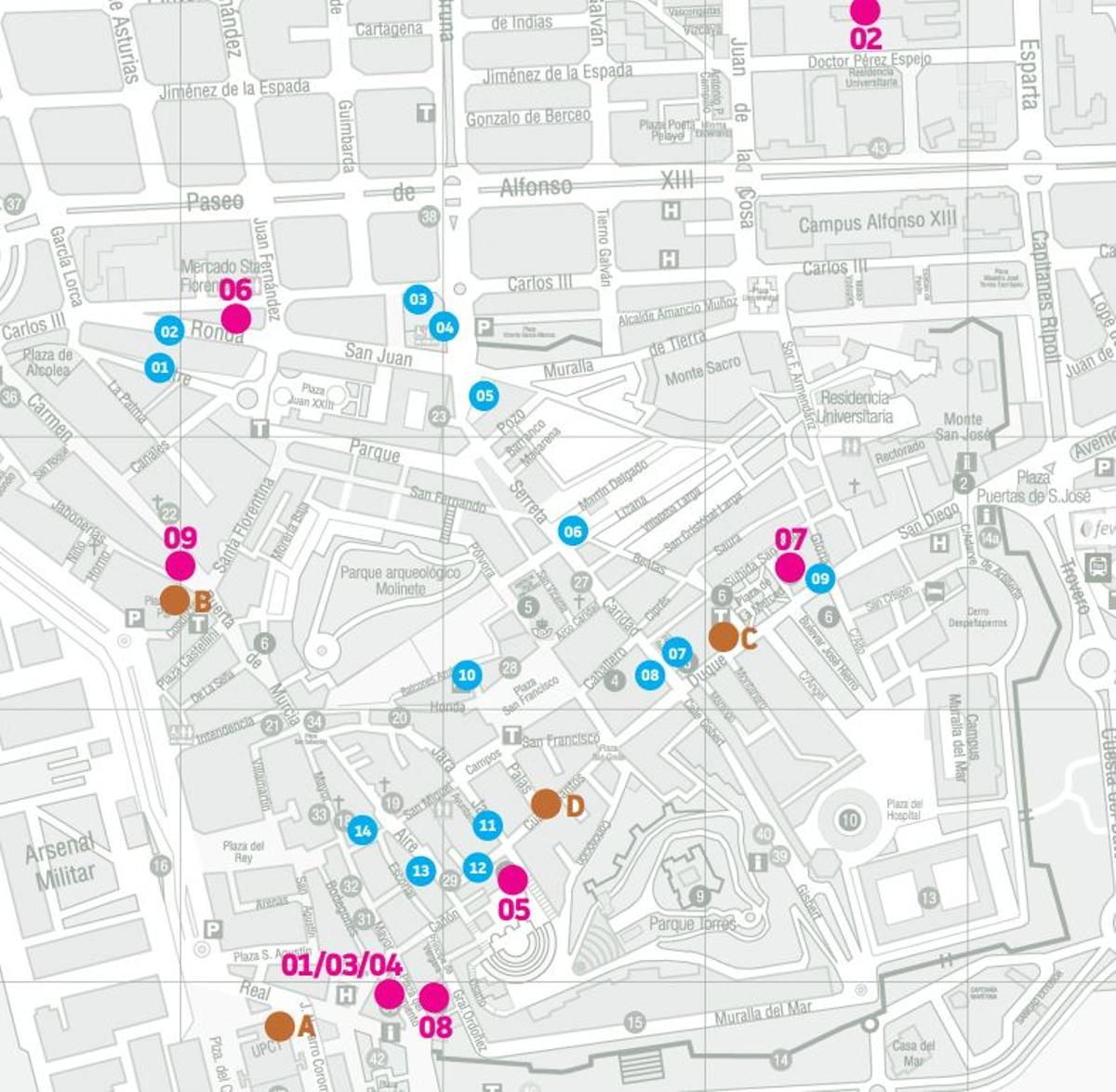 Las calles de Cartagena donde se muestran las fotos, en azul