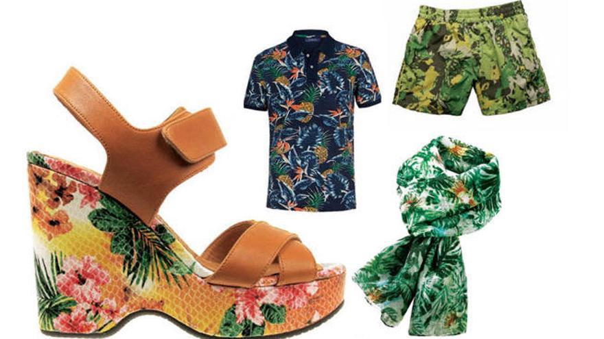 Zapatos, camisas, y otras prendas con motivos tropicales.