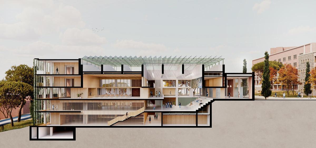 Sección arquitectónica que recrea la distribución del futuro BCAN dentro del antiguo teatro de las Llars Mundet, en Barcelona.