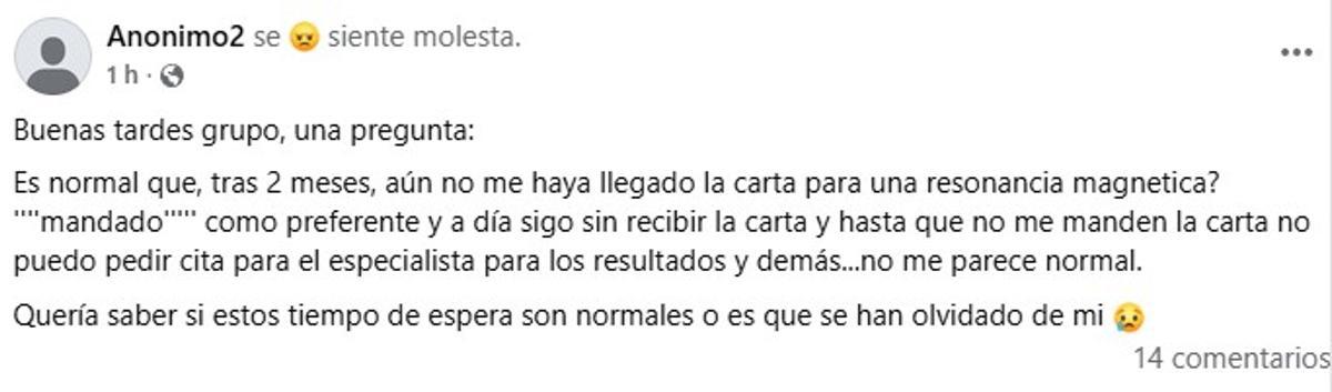 Publicación compartida en Facebook sobre la sanidad en Zamora.