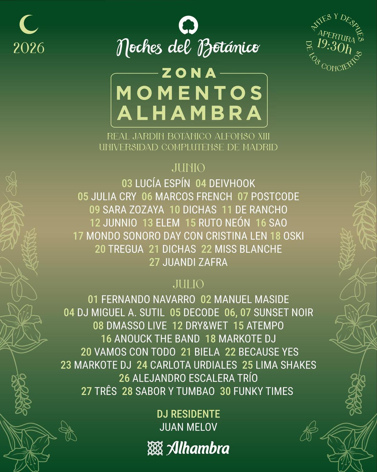 Carte de los Momentos Alhambra que organiza Noches del Botánico cada edición.