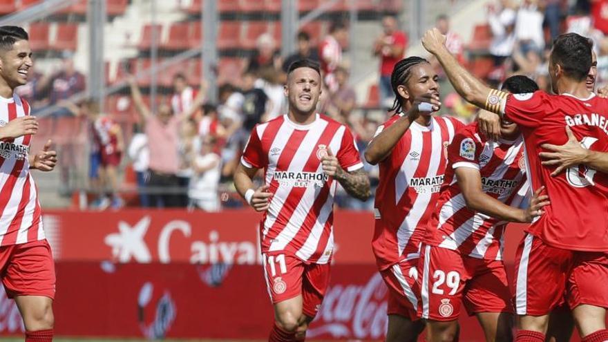 Els jugadors del Girona celebrant un gol aquesta temporada a Montilivi