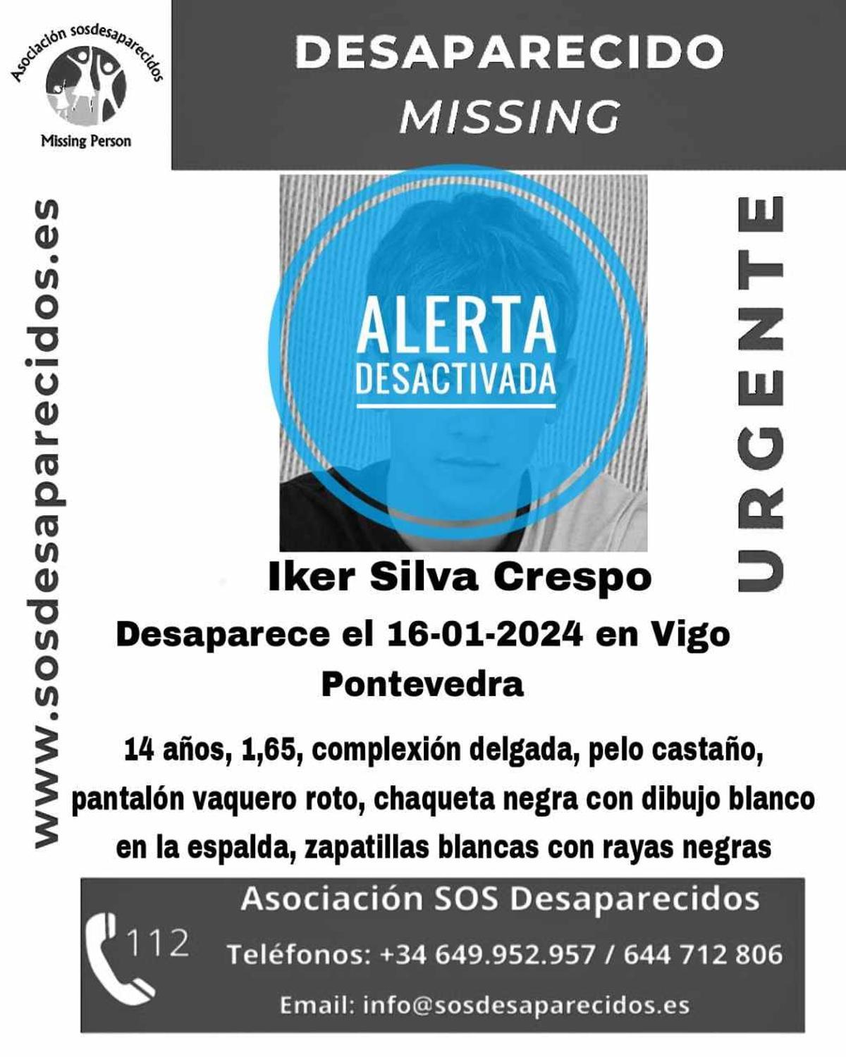 SOS Desaparecidos desactivó la alerta del caso del joven Iker.