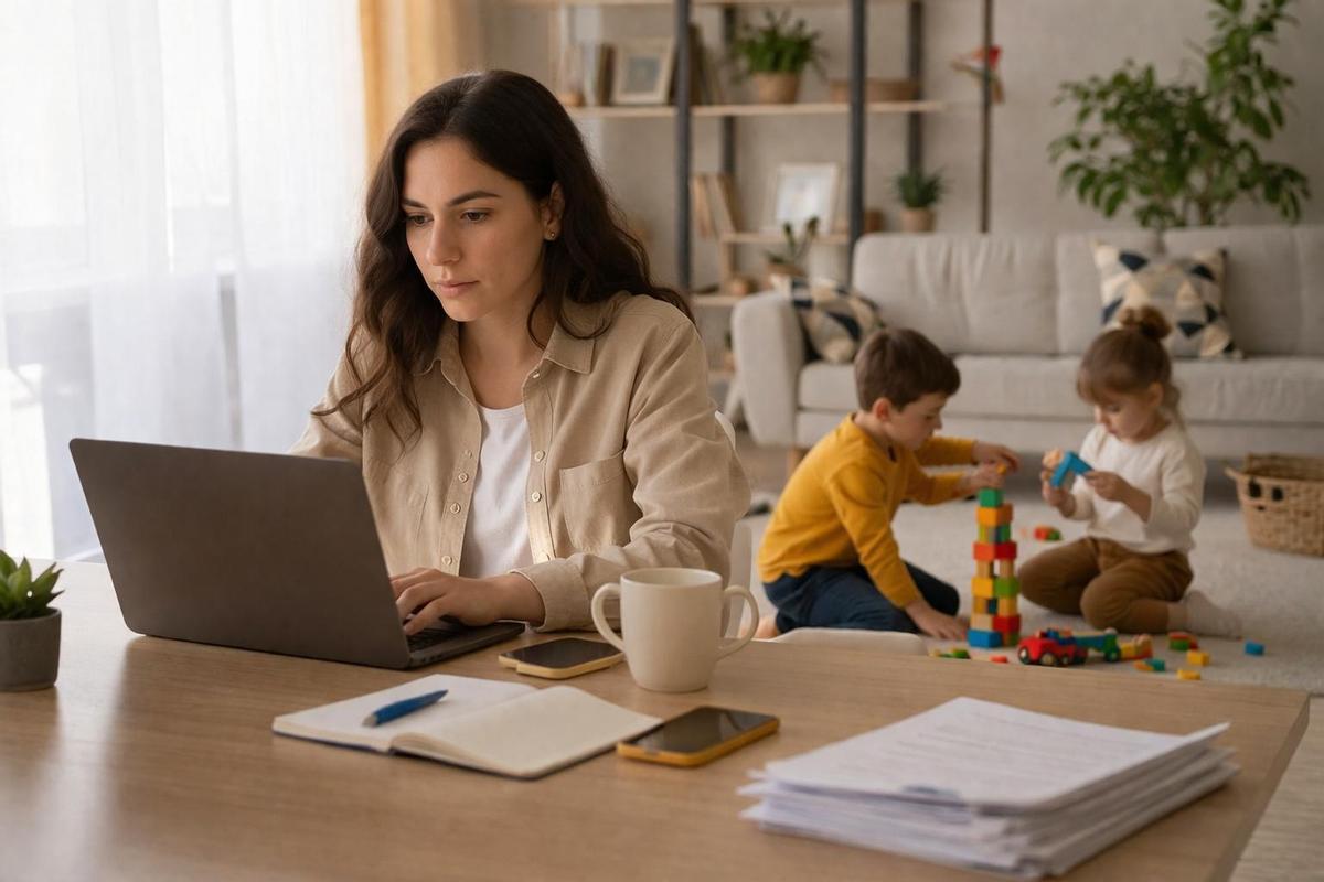 Una madre teletrabajando desde casa, mientras su hijos juegan.