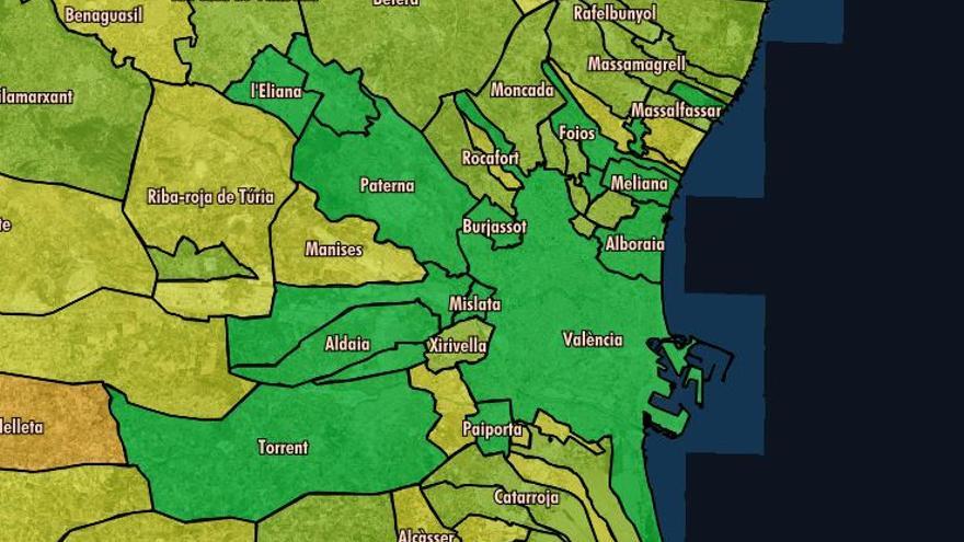 Mapa de l&#039;Horta de color según el grado de accesibilidad.