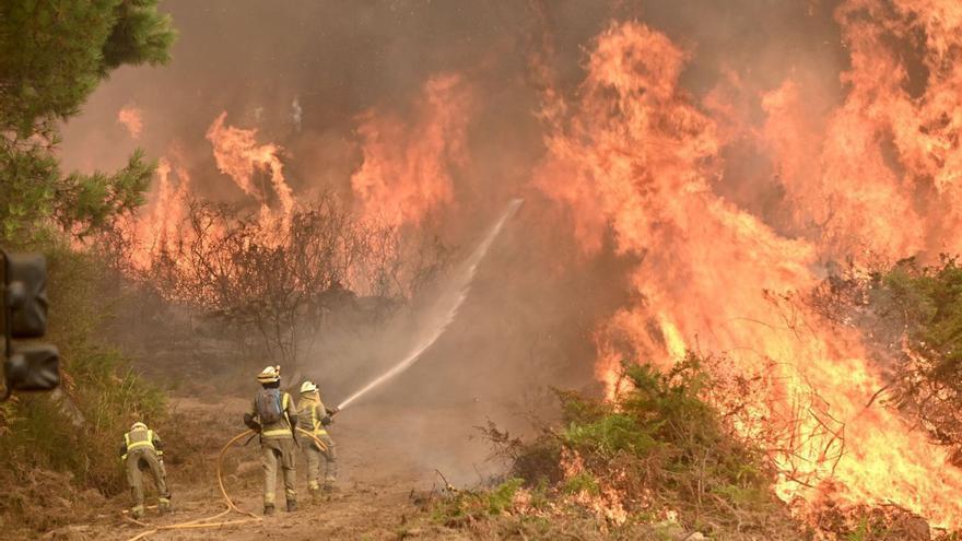 Tres brigadistas, en agosto de 2022, atacando un incendio forestal producido en A Canicouva (Pontecaldelas, Pontevedra).