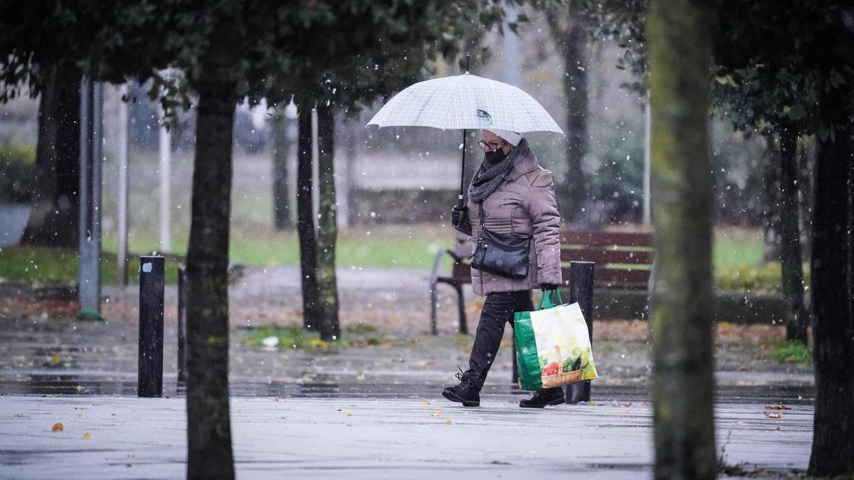 Una mujer pasea bajo la nieve en Vitoria.