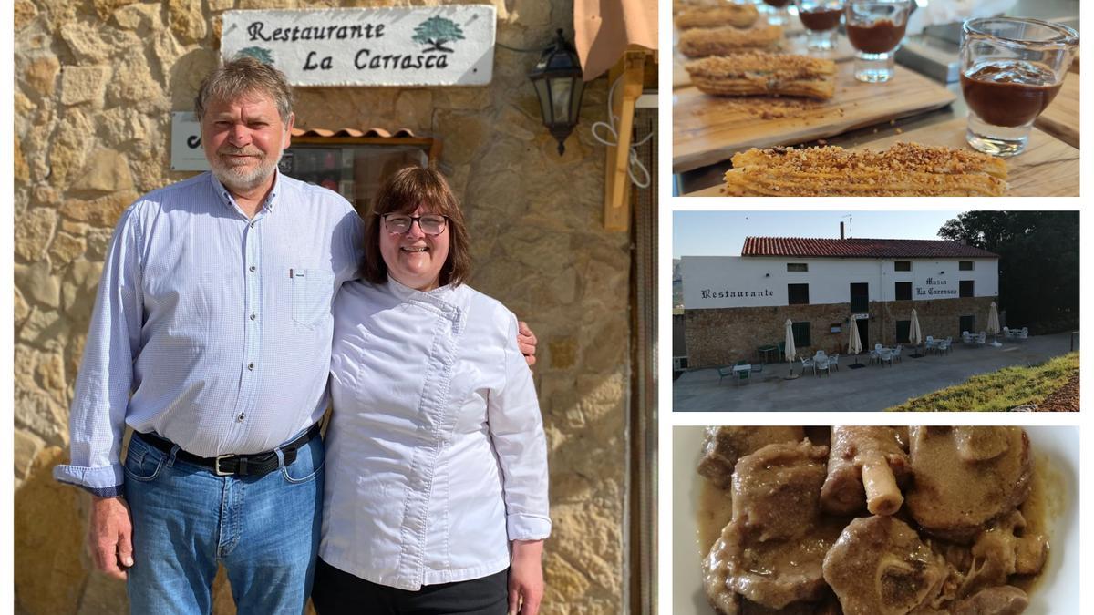 El matrimonio formado por Miguel y Cati está detrás de todos los éxitos logrados por La Carrasca (i). A la derecha encontramos la tapa premiada, el restaurante y el demandado tombet de cordero.