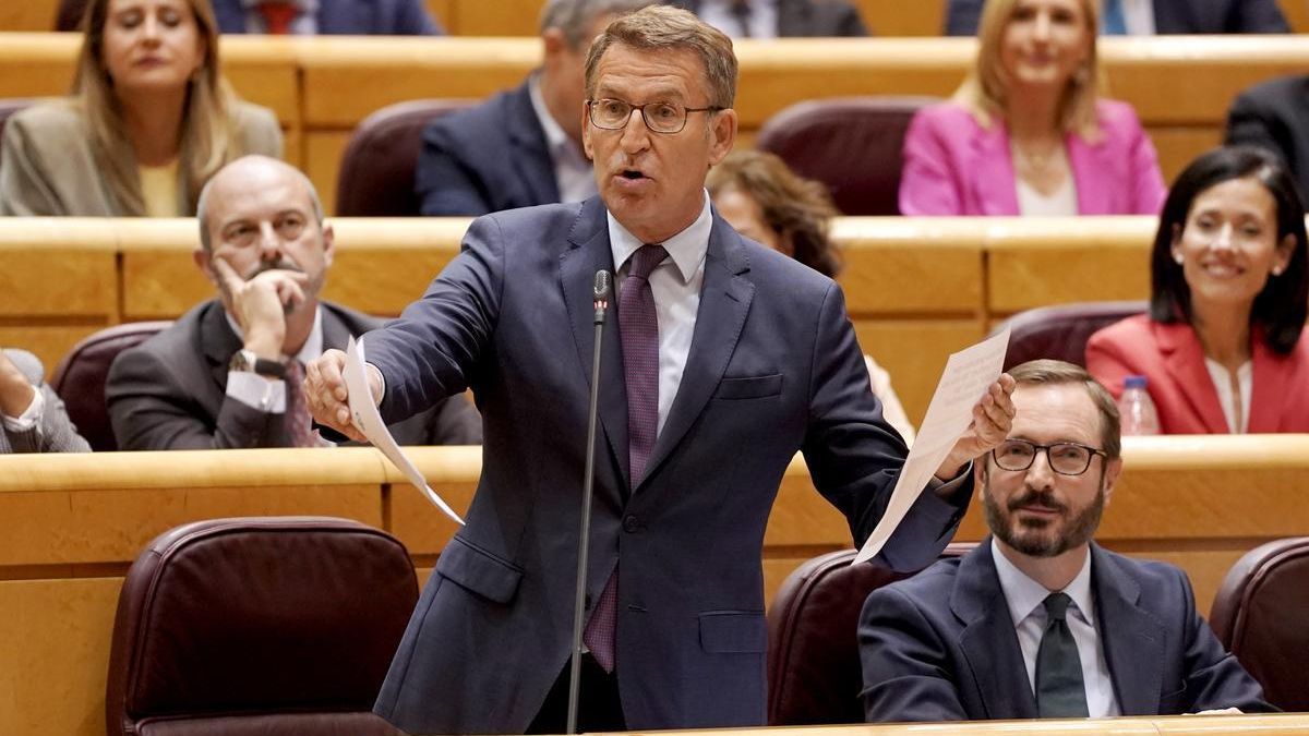 El líder del PP, Alberto Núñez Feijóo, el pasado 16 de mayo en una sesión de control al Gobierno en el Senado.