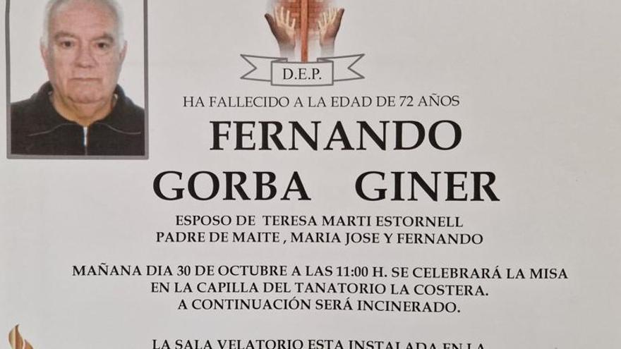 La esquela que informa del fallecimiento de Fernando Gorba.