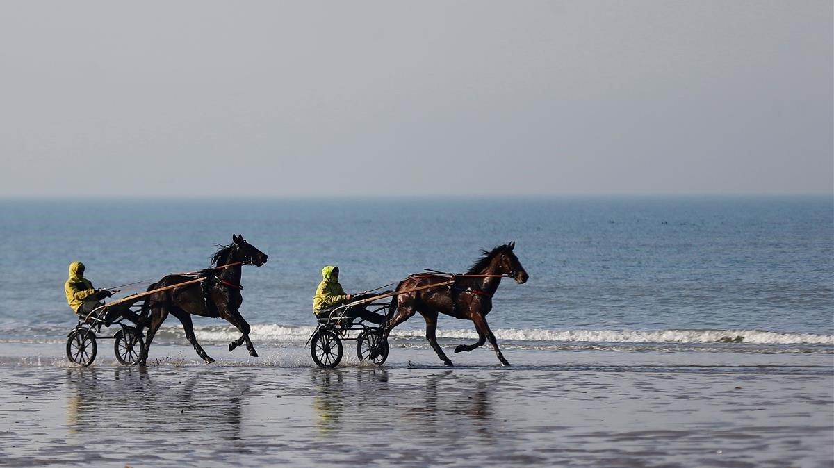 Carretas de caballos pasean por la playar en un día soleado en el noroeste de Francia en Cabourg