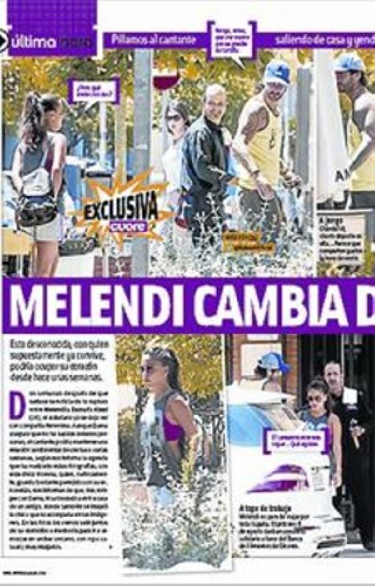 La portada de ’Cuore’. A la dreta, la informació de Hiba Abouk amb la nova parella i de Melendi amb la seva xicota. La portada de ’Cuore’. A la dreta, la informació de Hiba Abouk amb la nova parella i de Melendi amb la seva xicota.
