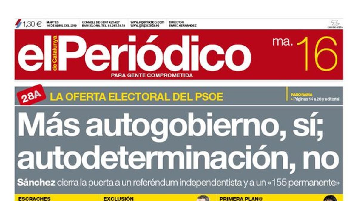 La portada de EL PERIÓDICO del 16 de abril del 2019