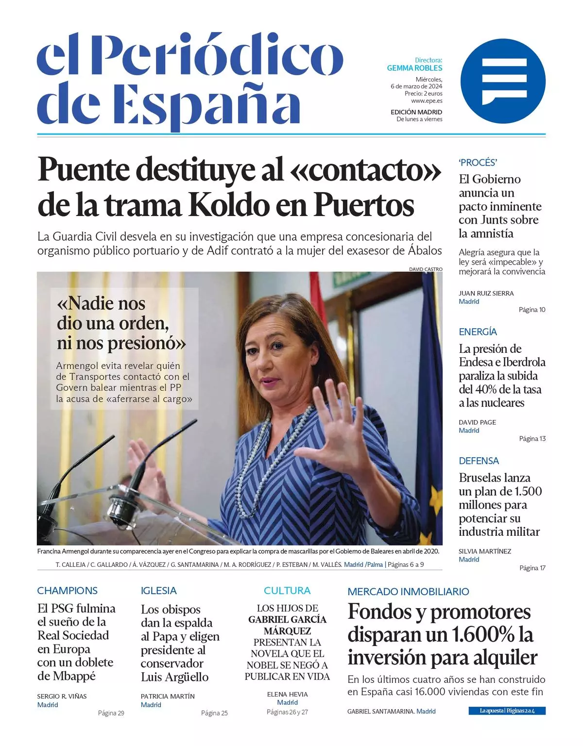 La portada de EL PERIÓDICO DE ESPAÑA, hoy miércoles 6 de marzo del 2024