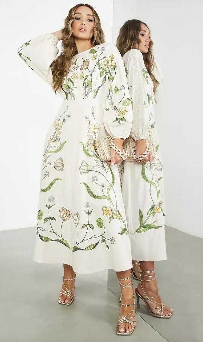 Vestido midi color crema con bordado de flores y hojas grandes de ASOS EDITION
