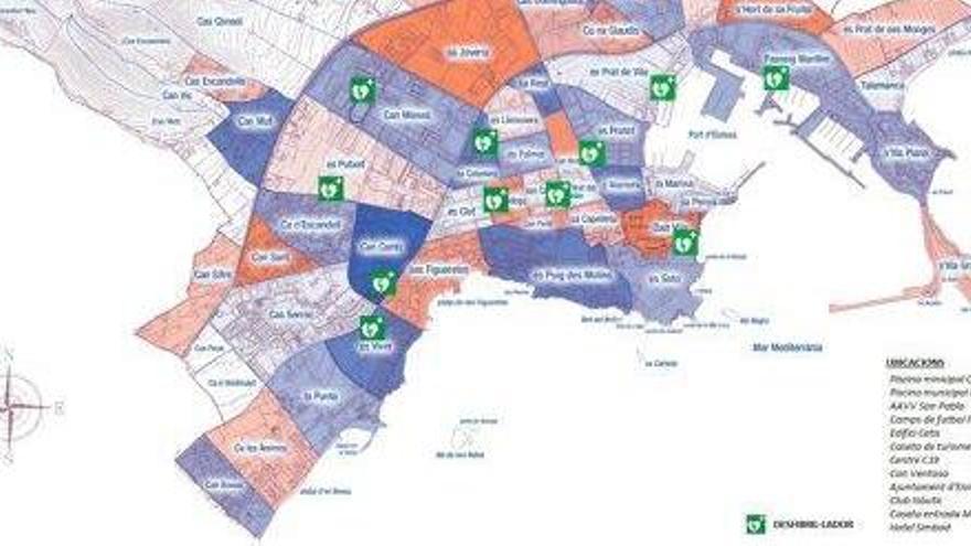 Mapa donde se indican los lugares en los que están instalados los 24 desfibriladores.