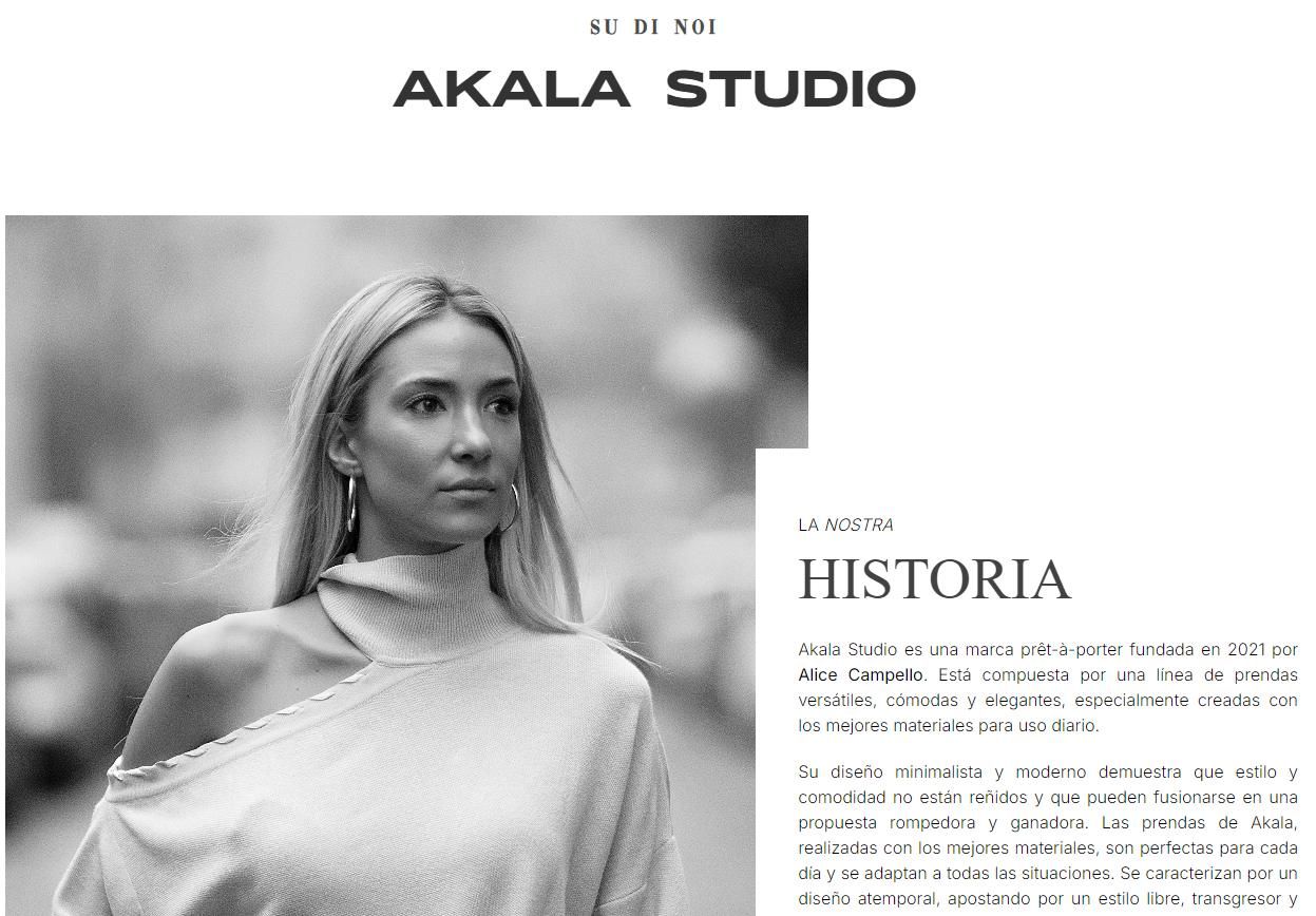 Página web de 'Akala Studio', la marca de ropa fundada por Alice Campello