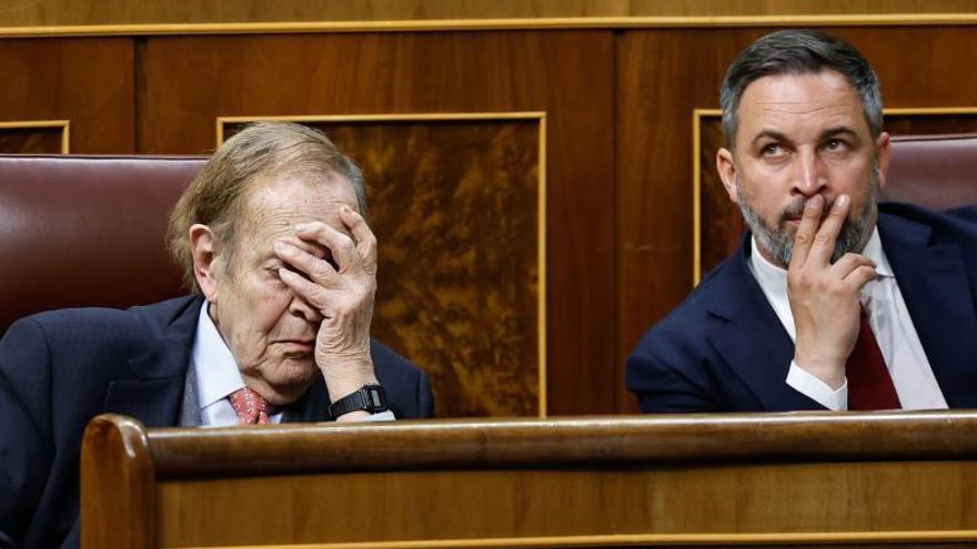 Ramón Tamames y Santiago Abascal, durante la moción de censura esta semana.