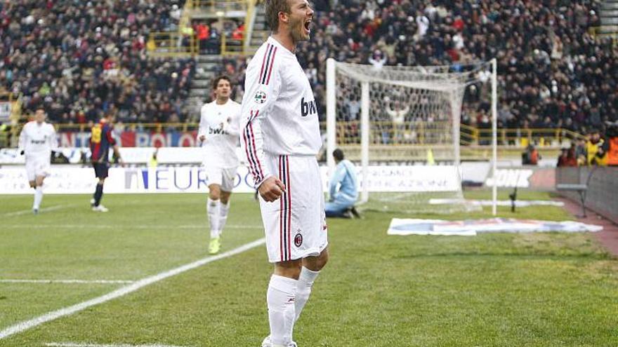 Beckham celebra el gol que anotó frente al Bolonia. / tony gentile