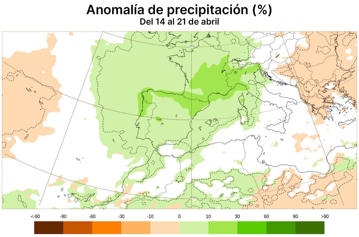 Anomalía de precipitación del 14 a 21 de abril de 2025.