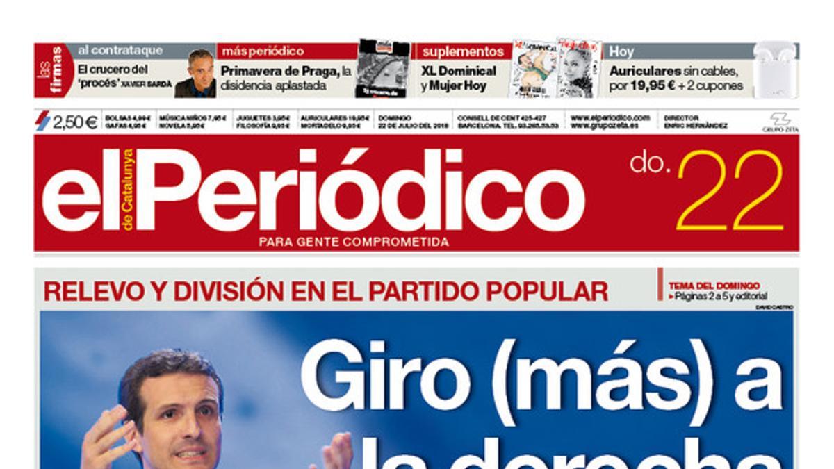 La portada de EL PERIÓDICO DE CATALUNYA del domingo, 22 de julio del 2018.