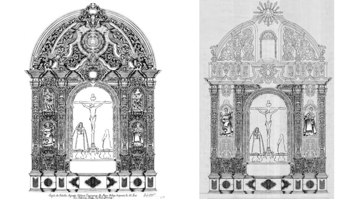 A la izquierda, diseño del primer proyecto del retablo de Mena. A la derecha, diseño definitivo tras los cambios introducidos por la Junta de Andalucía.
