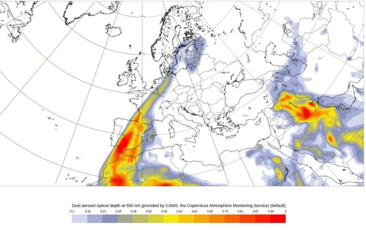 Mapa sobre la previsión de concentración de calima para este domingo, 7