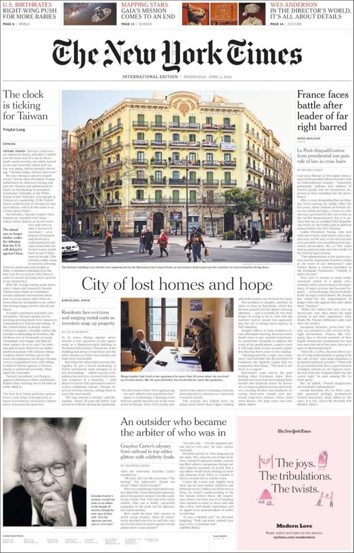Portada de la edición internacional del New York Times