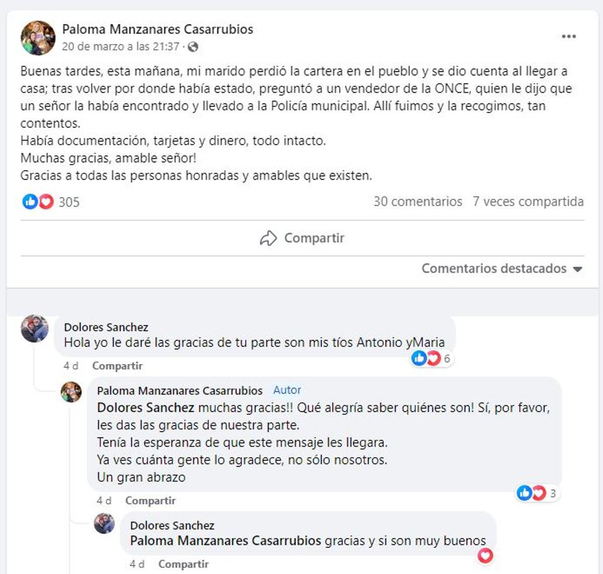Pantallazo del grupo de Facebook de El Campello en el que se ha recogido la recuperación de la cartera
