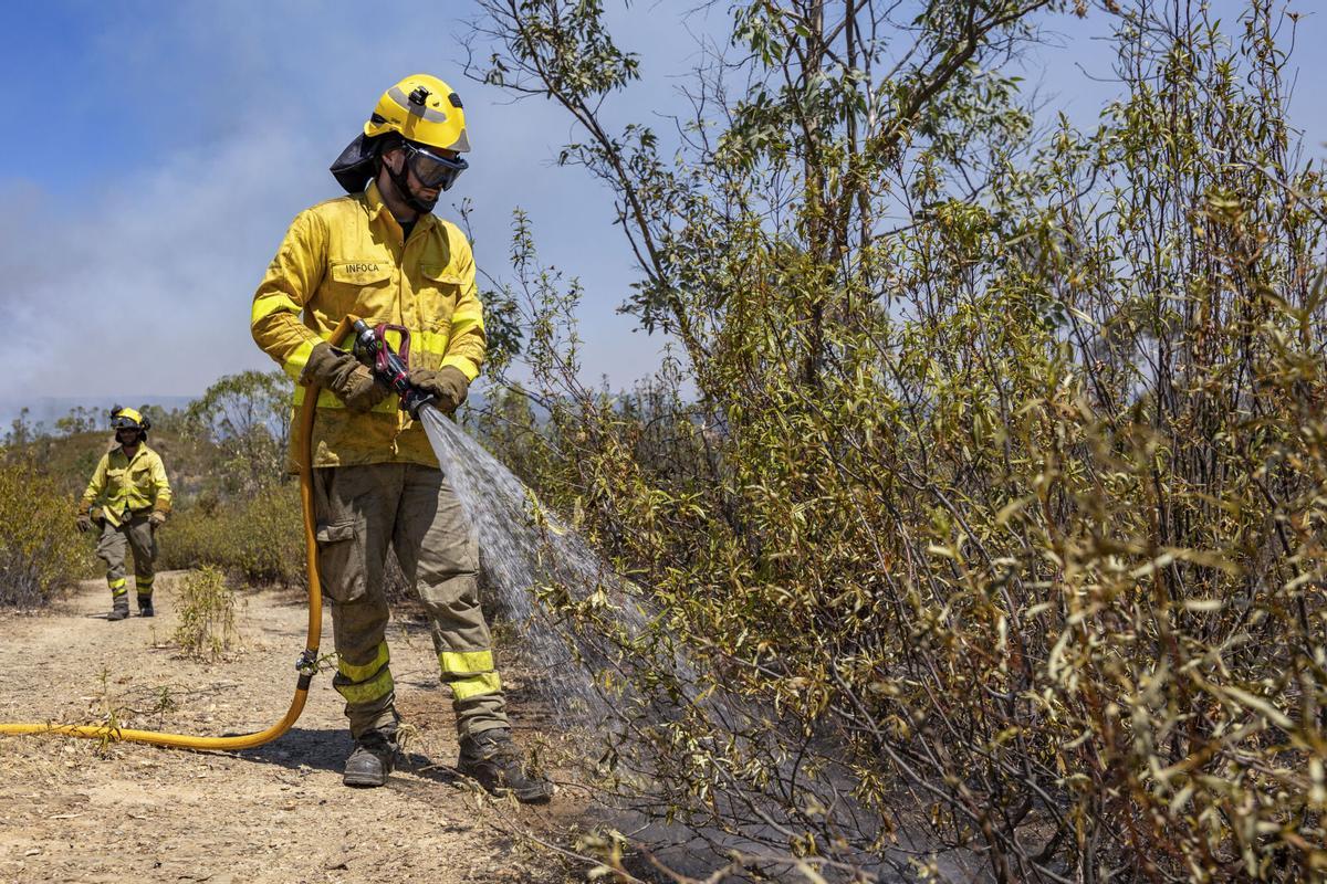 Bomberos trabajan en las labores de extinción del incendio forestal declarado en la tarde de este jueves en el paraje Raboconejo de Niebla (Huelva). Bomberos trabajan en las labores de extinción del incendio forestal declarado en la tarde de este jueves en el paraje Raboconejo de Niebla (Huelva).
