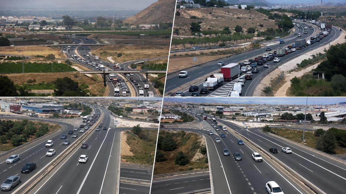 Cuatro imágenes de carreteras de la provincia de Alicante a primera hora de la tarde de hoy.