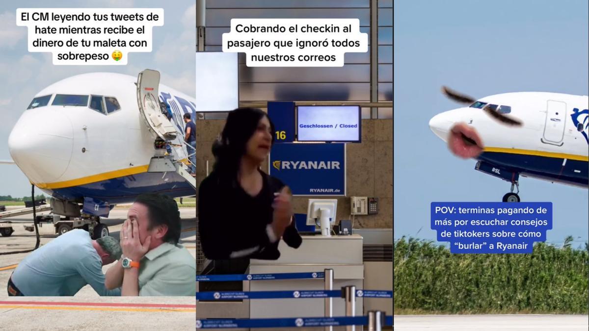 Captures de tres continguts publicats per Ryanair a TikTok