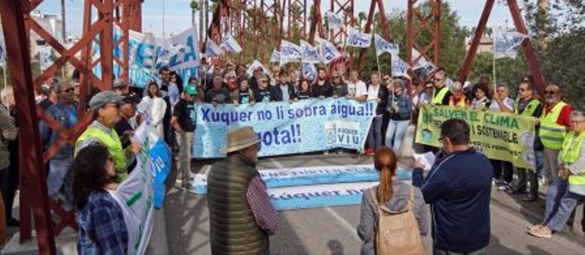 Una de las movilizaciones en defensa del Xúquer, en el Pont de Ferro de Alzira.
