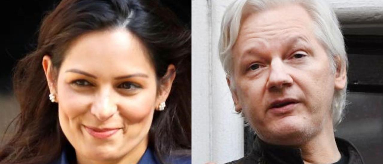 La secretaria de Estado del Interior de Reino Unido, Priti Patel, y Julian Assange.