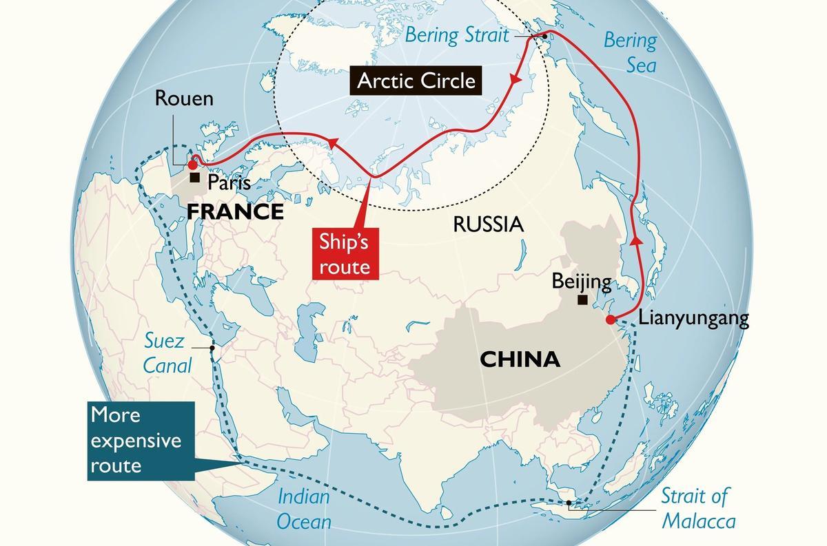 Trayectoria alternativa al canal de Suez entre China y Europa.