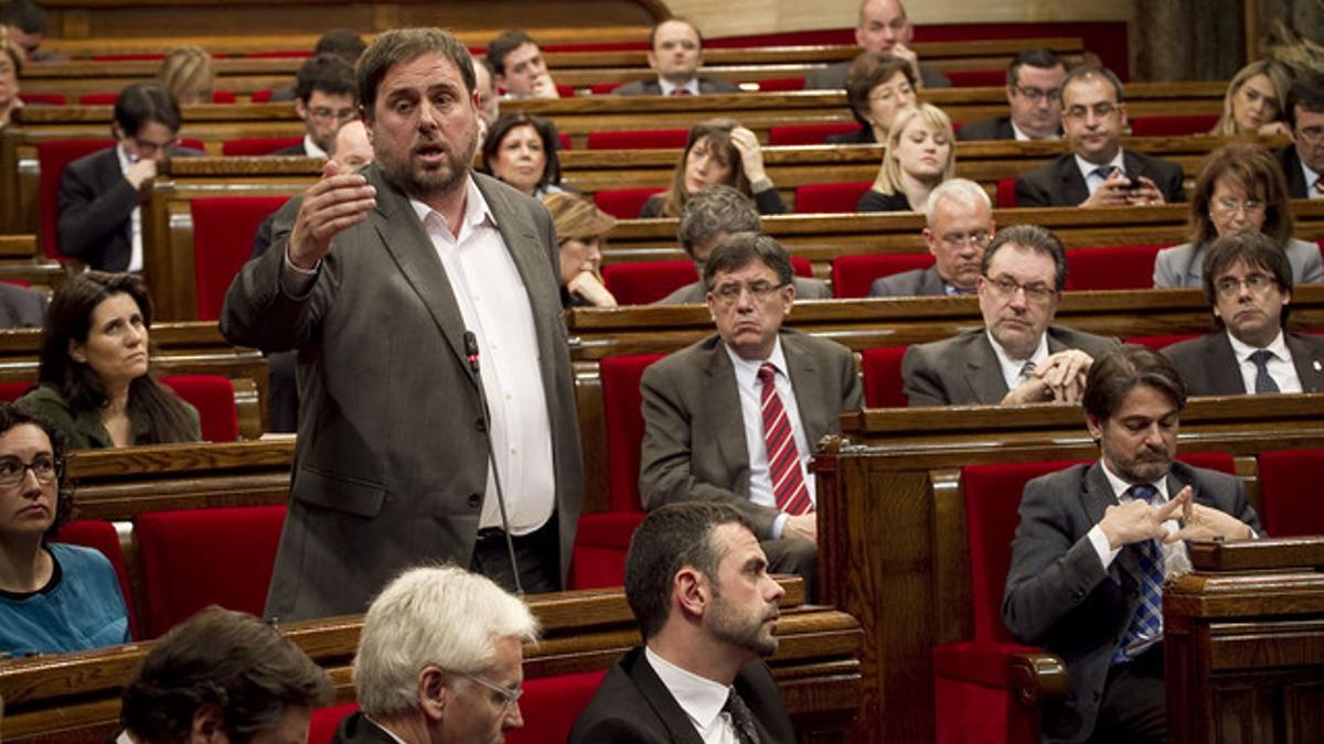 Oriol Junqueras, en un pleno del Parlament de este mes de marzo.