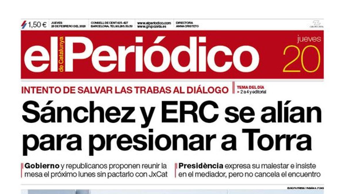 La portada de EL PERIÓDICO del 20 de febrero del 2020.