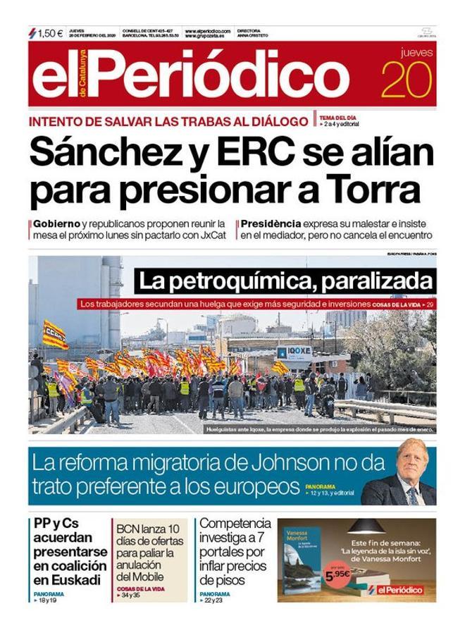 La portada de EL PERIÓDICO del 20 de febrero del 2020.