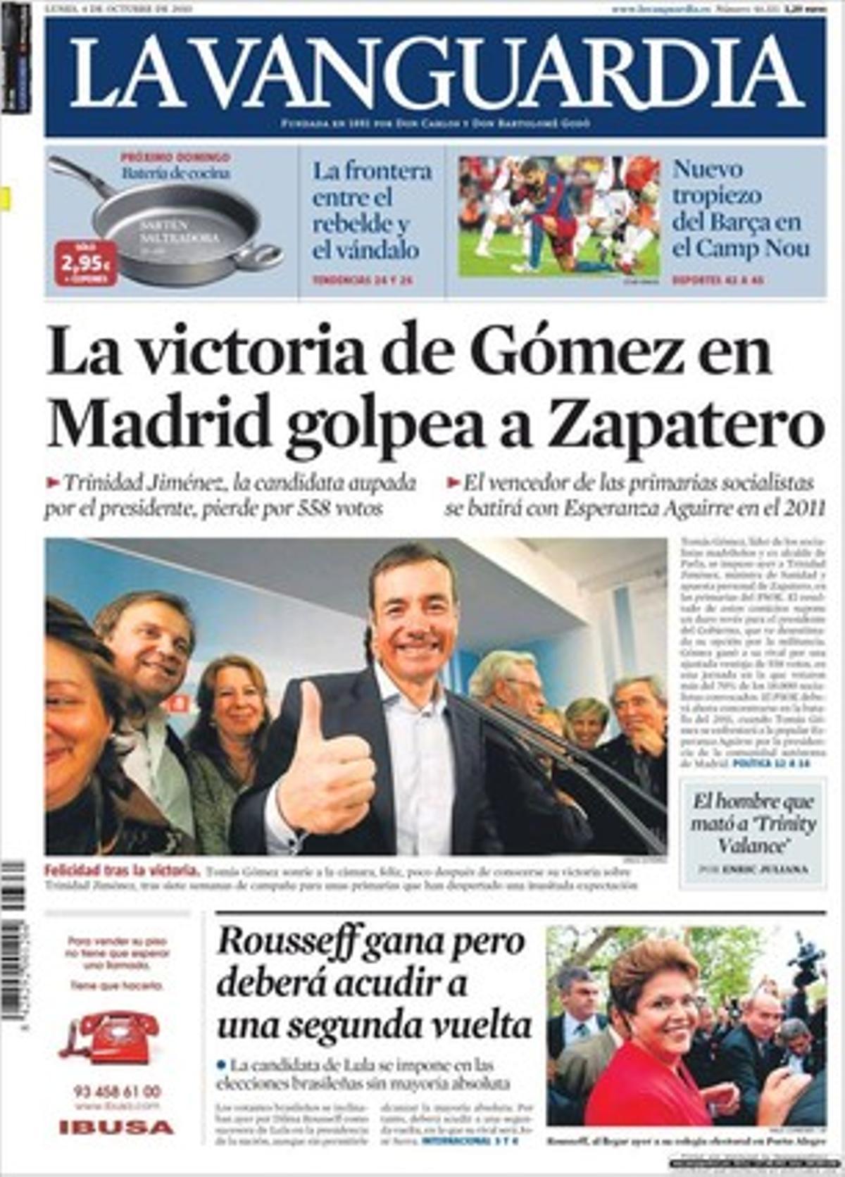 ’La Vanguardia’ destaca a les pàgines interiors que el president Montilla tancarà avui el mandat amb el primer relat polític de l’obra del Govern, analitza les protestes juvenils de Barcelona, explica que Flix aclarirà les conseqüències de la contaminació en el desenvolupament infantil, que una xarxa ven freqüències a ràdios pirates a Tarragona i que l’FMI alerta que l’ajust global danyarà el creixement i l’ocupació.