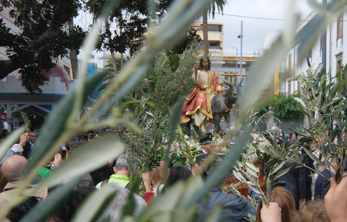 La imagen del Señor en la Burrita entre ramas de olivo llegando a San Telmo