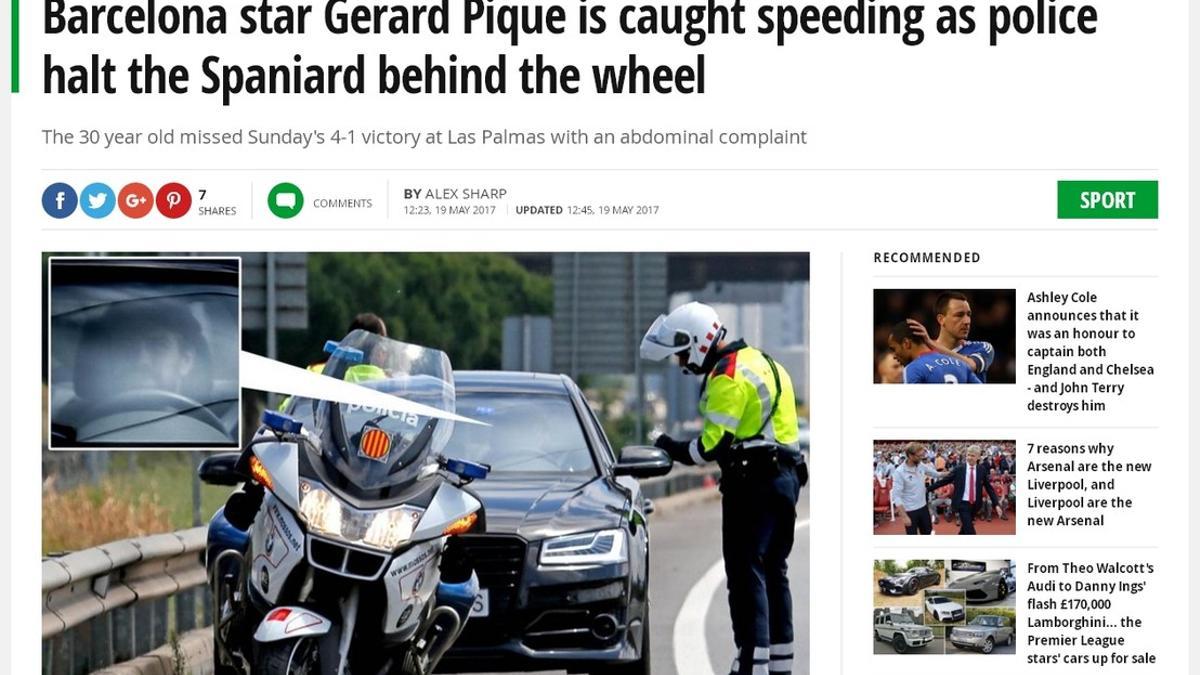 La noticia del 'Daily Mirror', desmentida por Piqué, según la cual fue detenido cuando circulaba a 190 km/h